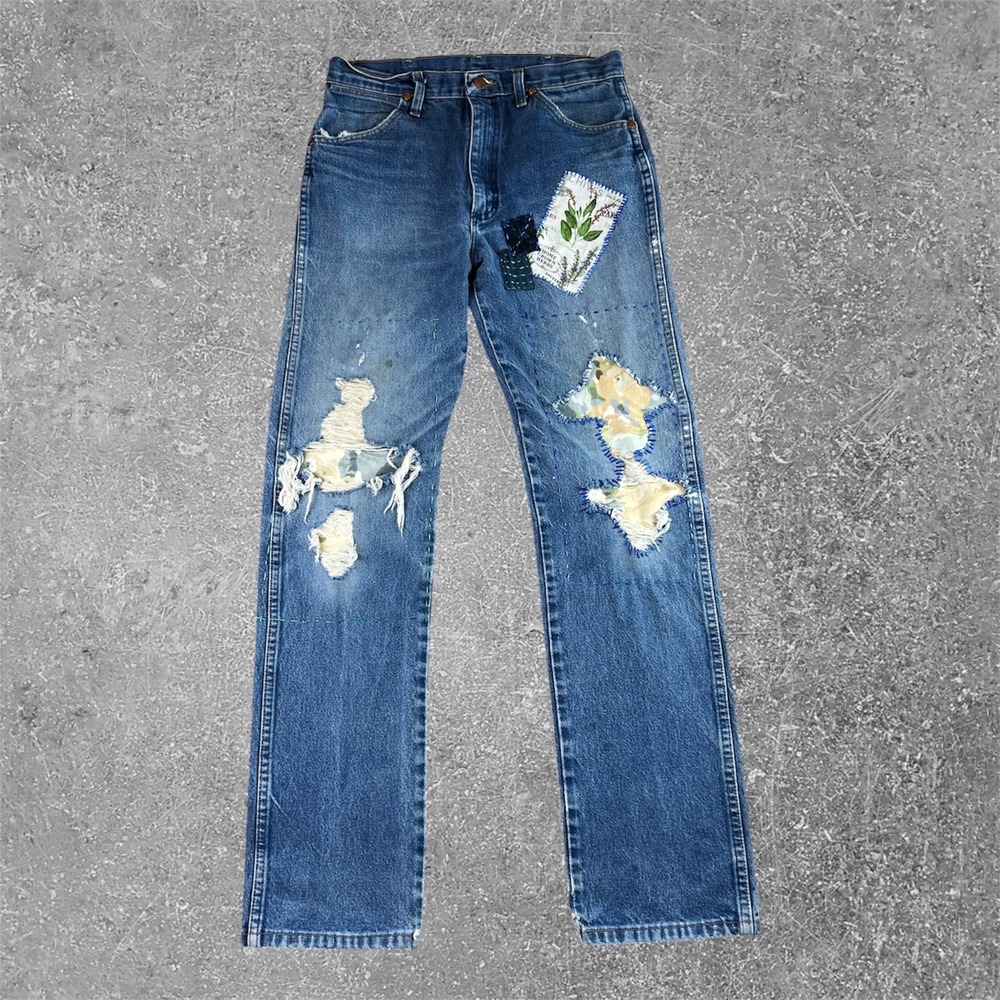 Wrangler‎ 13MWZ Jeans Mens 32x34 Fit Custom Patchwork Sashiko Distressed Denim